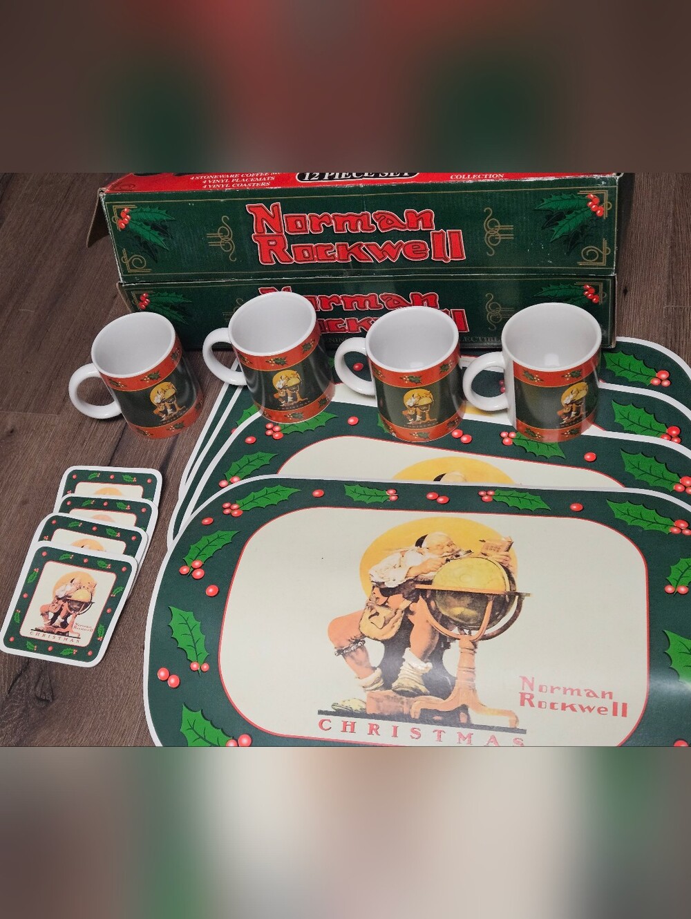 Norman Rockwell Red and Green Christmas Mug and Placemat Set